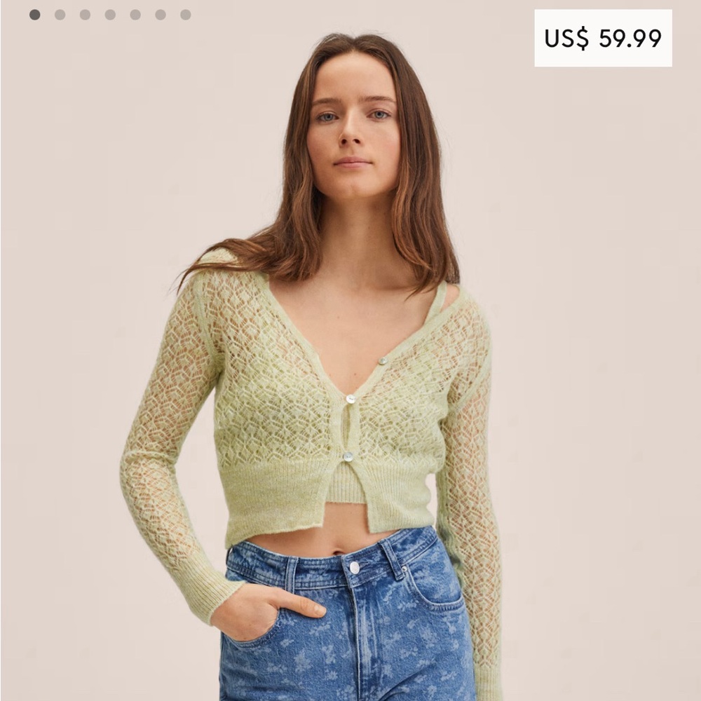 Green crochet cardigan with a button front and long sleeves